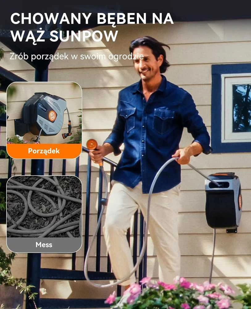 SUNPOW automatinis sieninis žarnos ritė su 35 m žarna, 10 funkcijų antgaliu, 180° pasukimu, ZYW03-S35