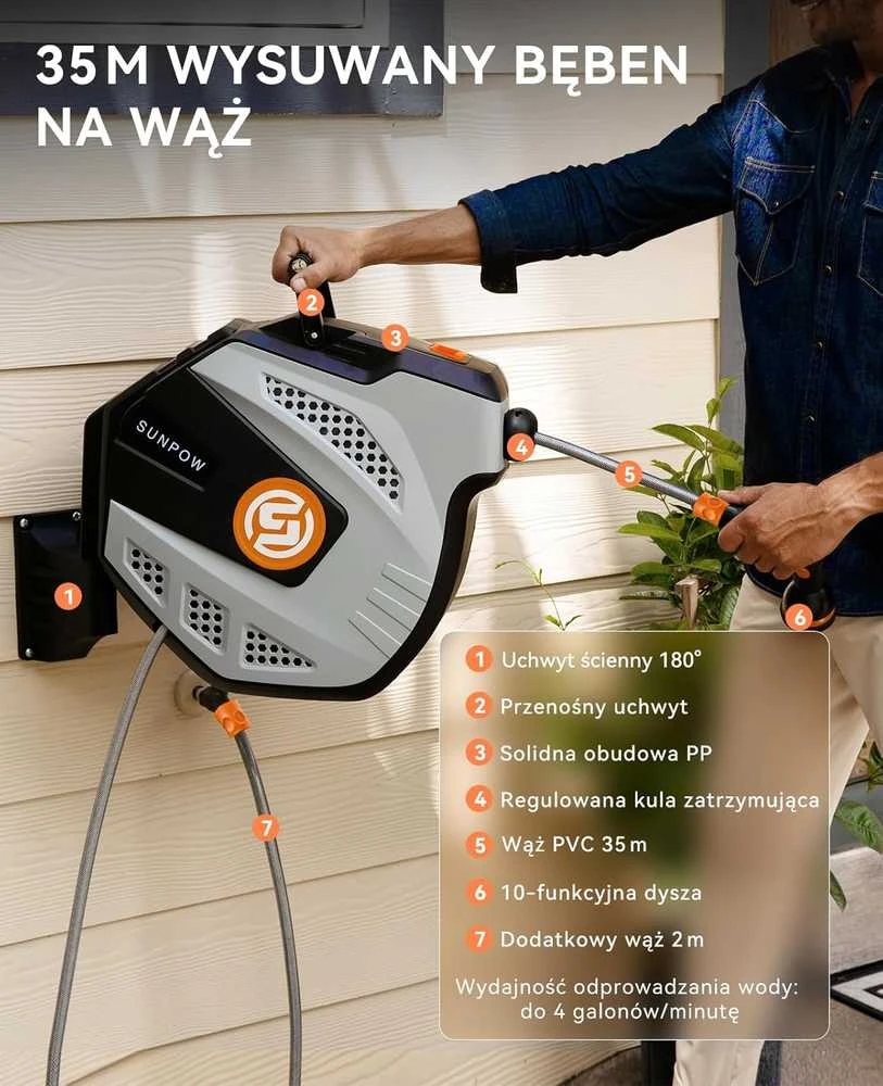 SUNPOW automatinis sieninis žarnos ritė su 35 m žarna, 10 funkcijų antgaliu, 180° pasukimu, ZYW03-S35