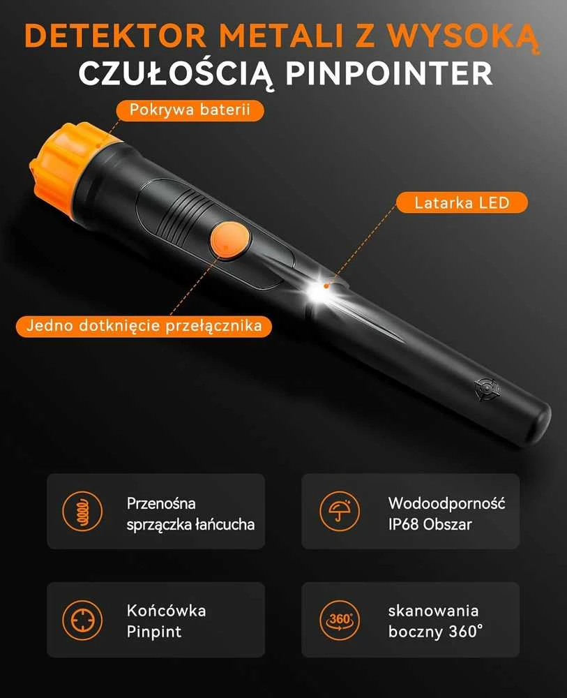 SUNPOW metalo detektorius Pinpointer, IP68 atsparus vandeniui, 360° aptikimas, OTMD01