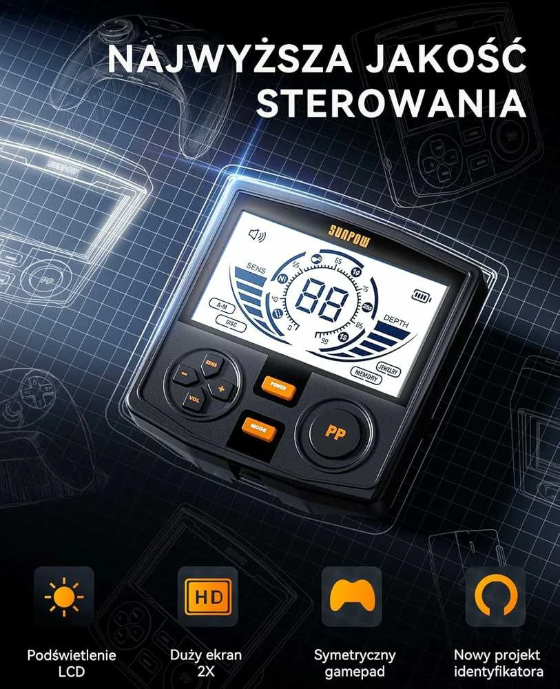 SUNPOW metalo detektorius su 30 cm IP68 vandeniui atsparia rite, HD-LCD ekranu ir 5 režimais OT-MD14