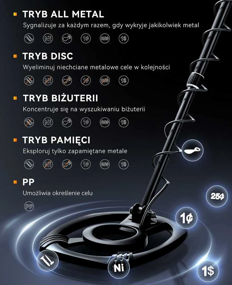 SUNPOW metalo detektorius su 30 cm IP68 vandeniui atsparia rite, HD-LCD ekranu ir 5 režimais OT-MD14
