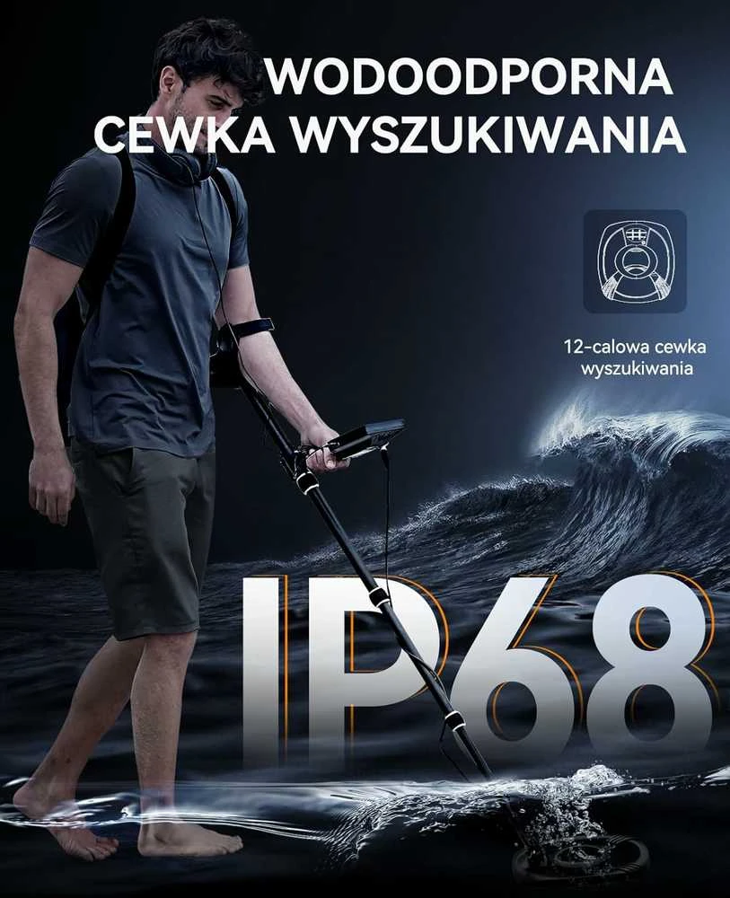 SUNPOW metalo detektorius su 30 cm IP68 vandeniui atsparia rite, HD-LCD ekranu ir 5 režimais OT-MD14