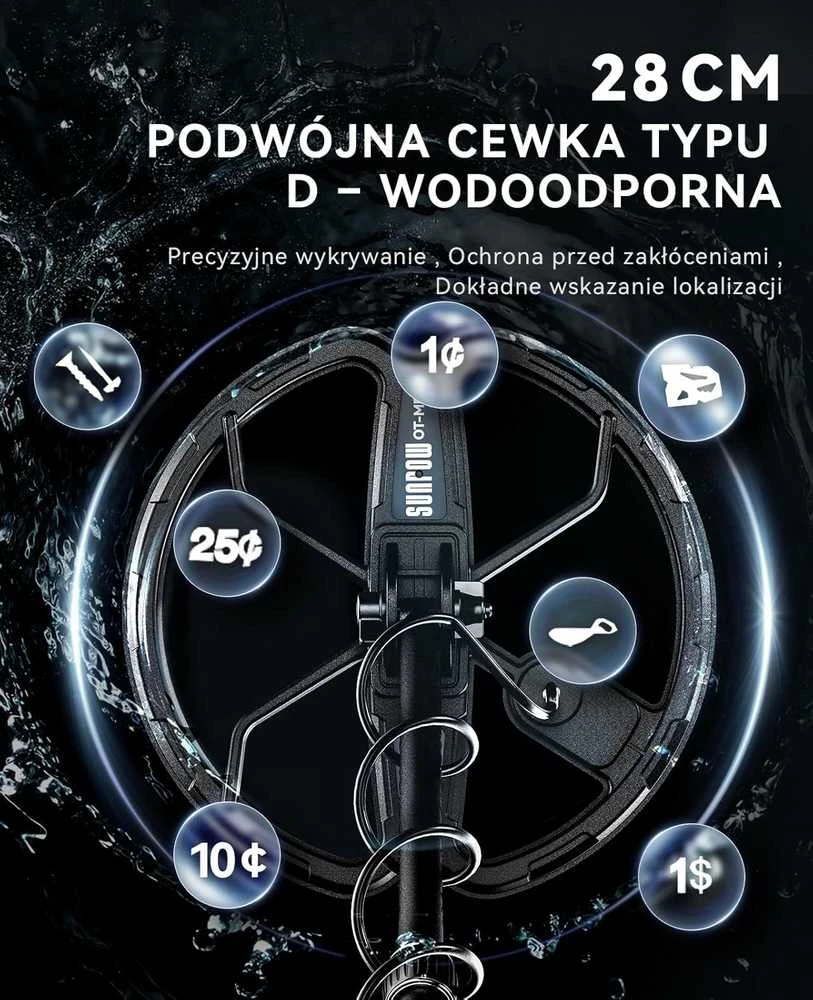 SUNPOW metalo detektorius su Dual-D 11 colių rite, IP68, 35 h akumuliatorius, OT-MD15