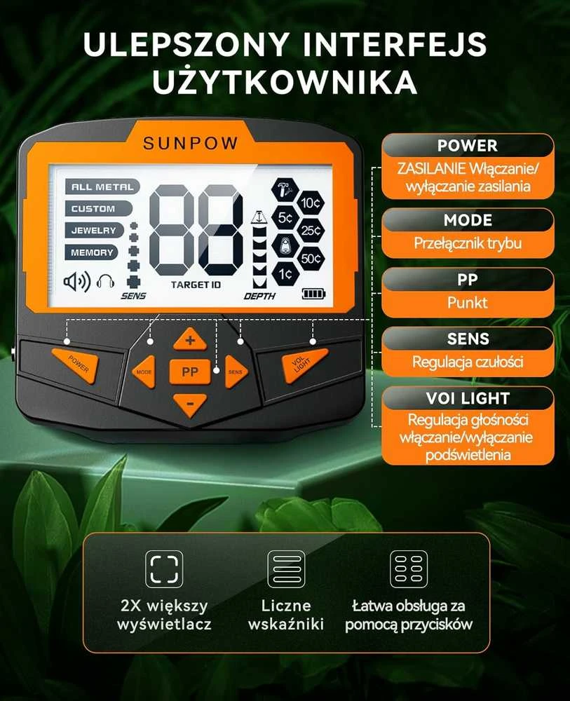 SUNPOW metalo detektorius su LCD ekranu, IP68 atsparumu, teleskopiniu reguliavimu, OTMD09
