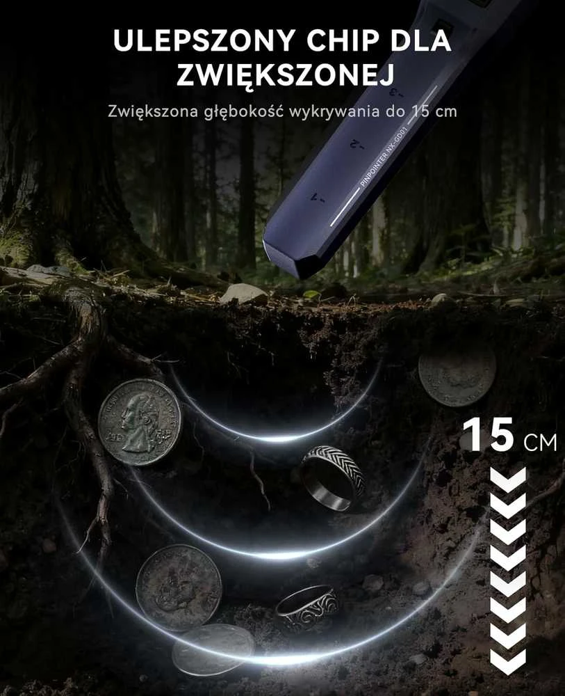 Metalo detektorius SUNPOW metalo ieškiklis Pinpointer, kraunamas, IP68, 360° aptikimas, LCD ekranas