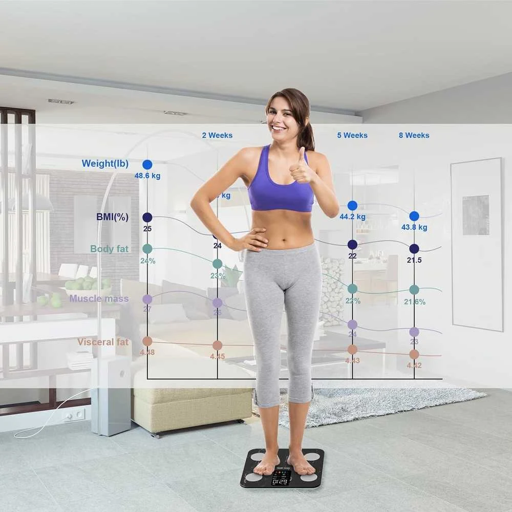 Svarstyklės Healthkeep išmani asmeninė kūno analizės svarstyklė su riebalų ir raumenų matavimu, 15 rodmenų, pulsometras, juodas marmuras, FG2016LB