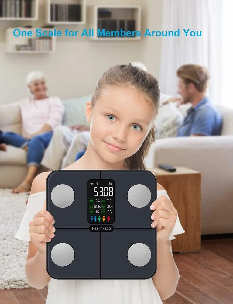Svarstyklės Healthkeep išmani asmeninė kūno analizės svarstyklė su riebalų ir raumenų matavimu, 15 rodmenų, pulsometras, juodas marmuras, FG2016LB
