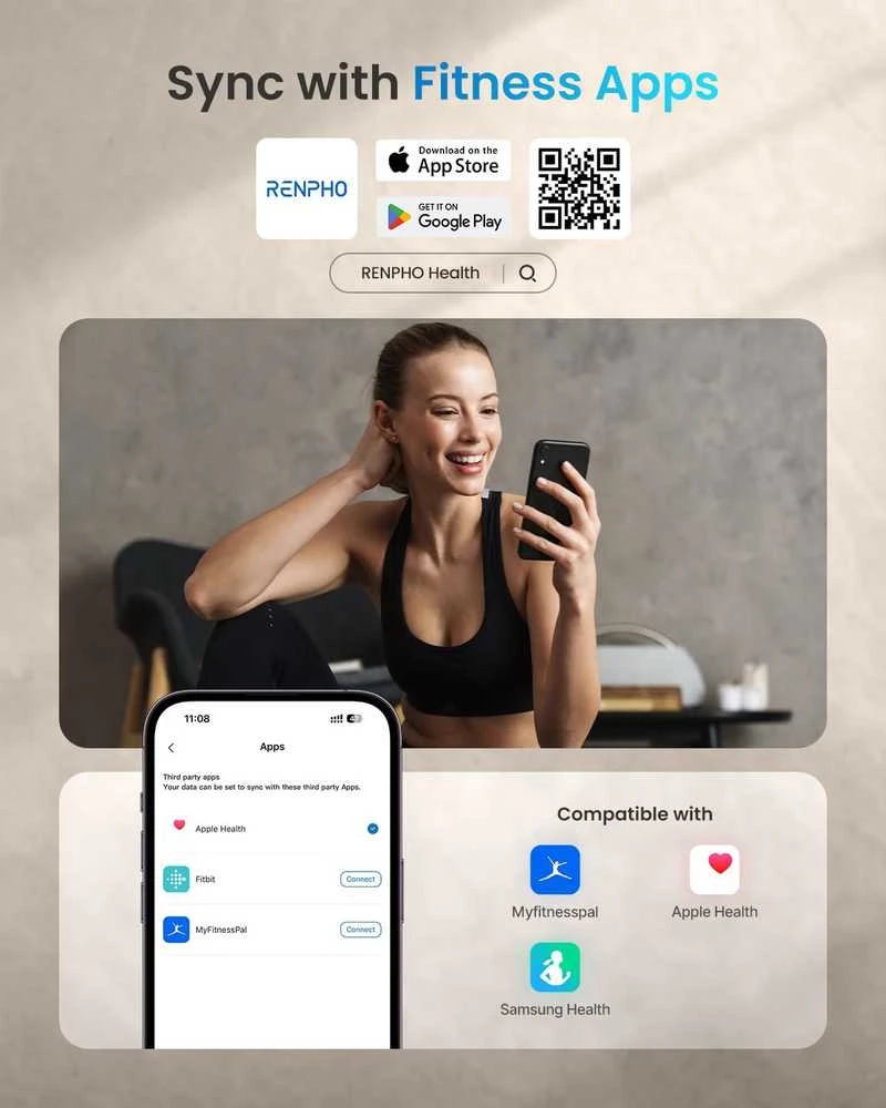 Svarstyklės RENPHO skaitmeninė kūno sudėties svarstyklė Bluetooth, 180 kg, grūdintas stiklas, ES-26BB-B