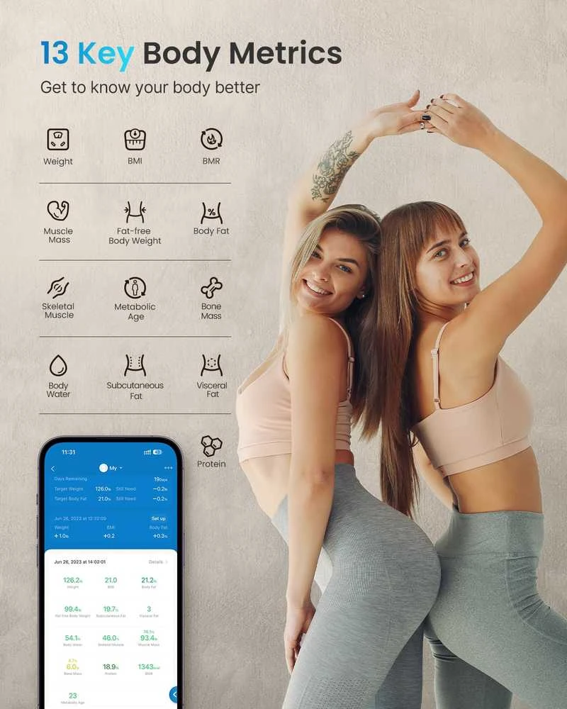 Svarstyklės RENPHO skaitmeninė kūno sudėties svarstyklė Bluetooth, 180 kg, grūdintas stiklas, ES-26BB-B