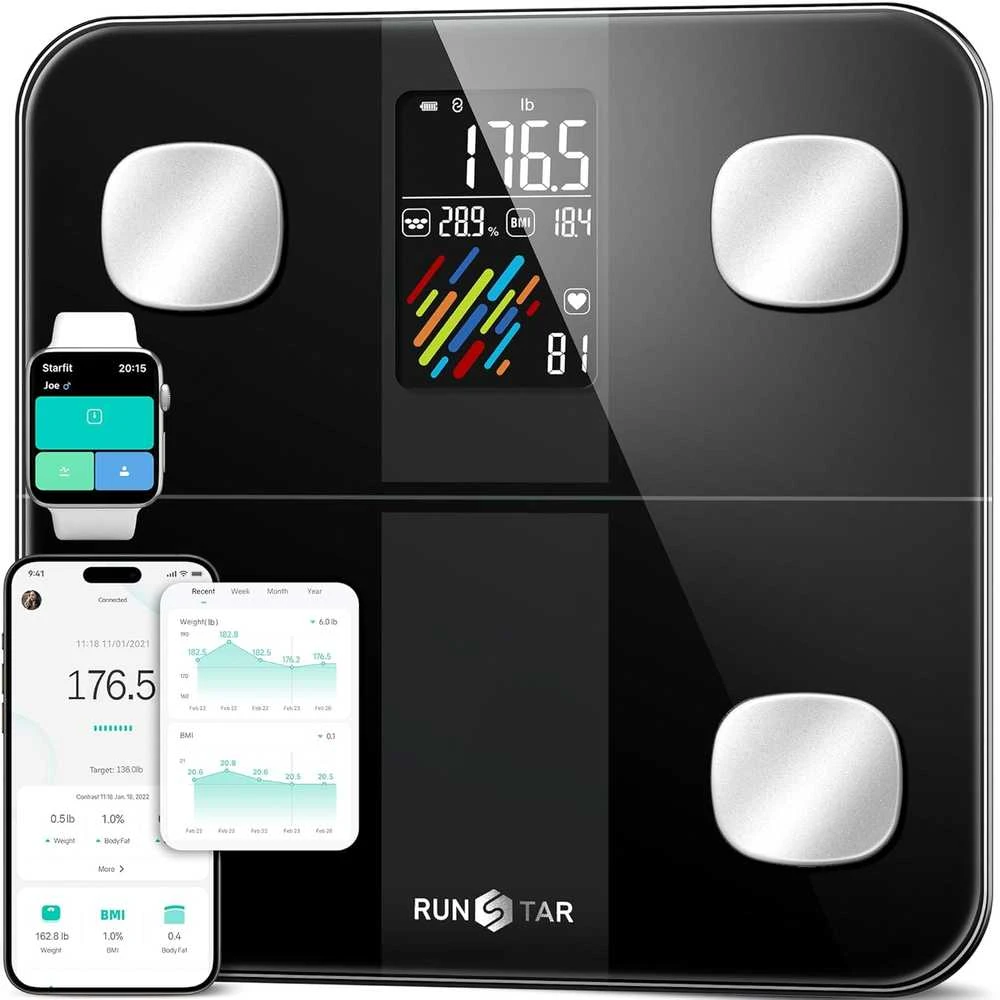 Virtuvinės svarstyklės „RunStar 4E SmartView“ kūno svarstyklės, juodos (FG2019LB)