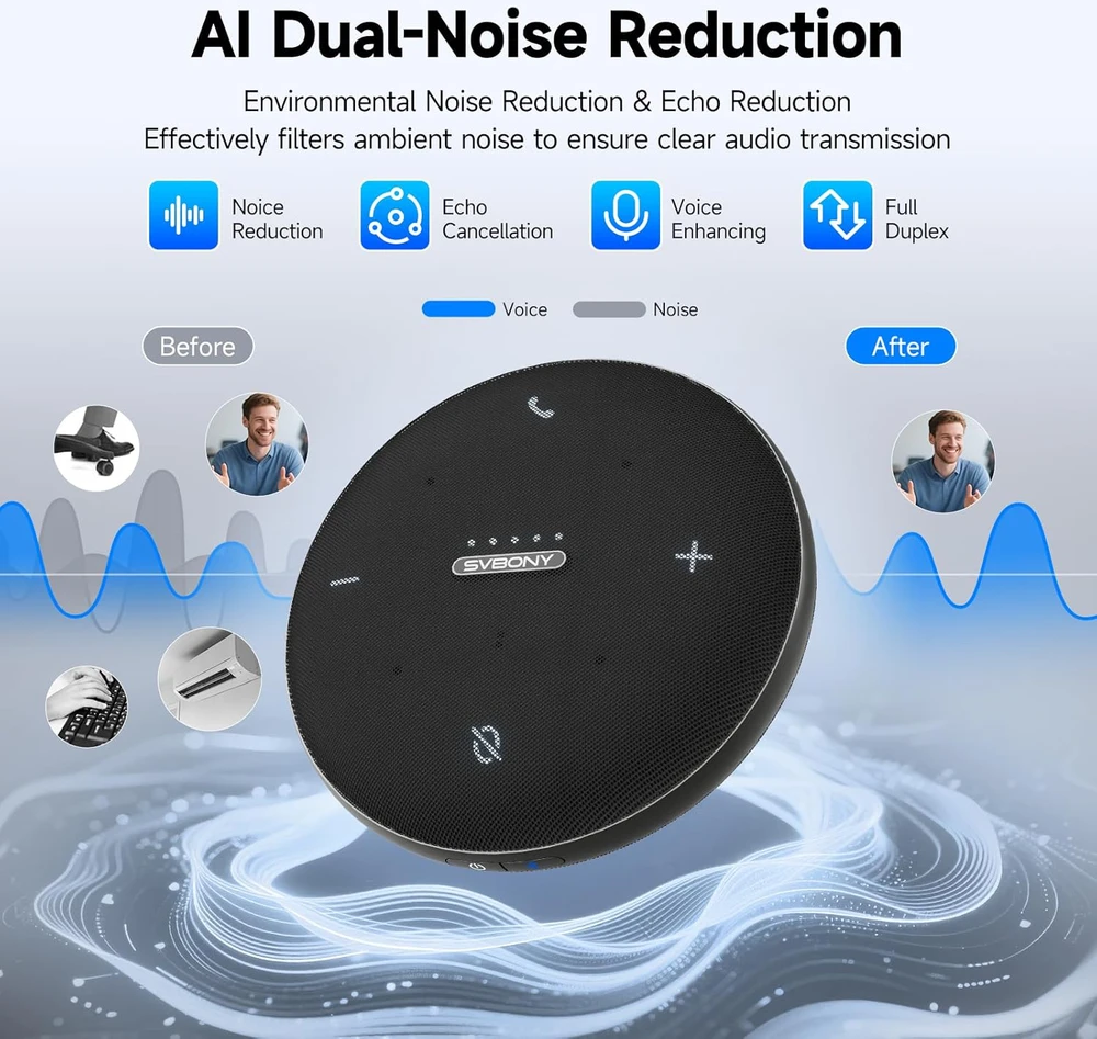Svbony konferencijų garsiakalbis su Bluetooth, 4 mikrofonais, AI triukšmo slopinimu, SVHub Omni2