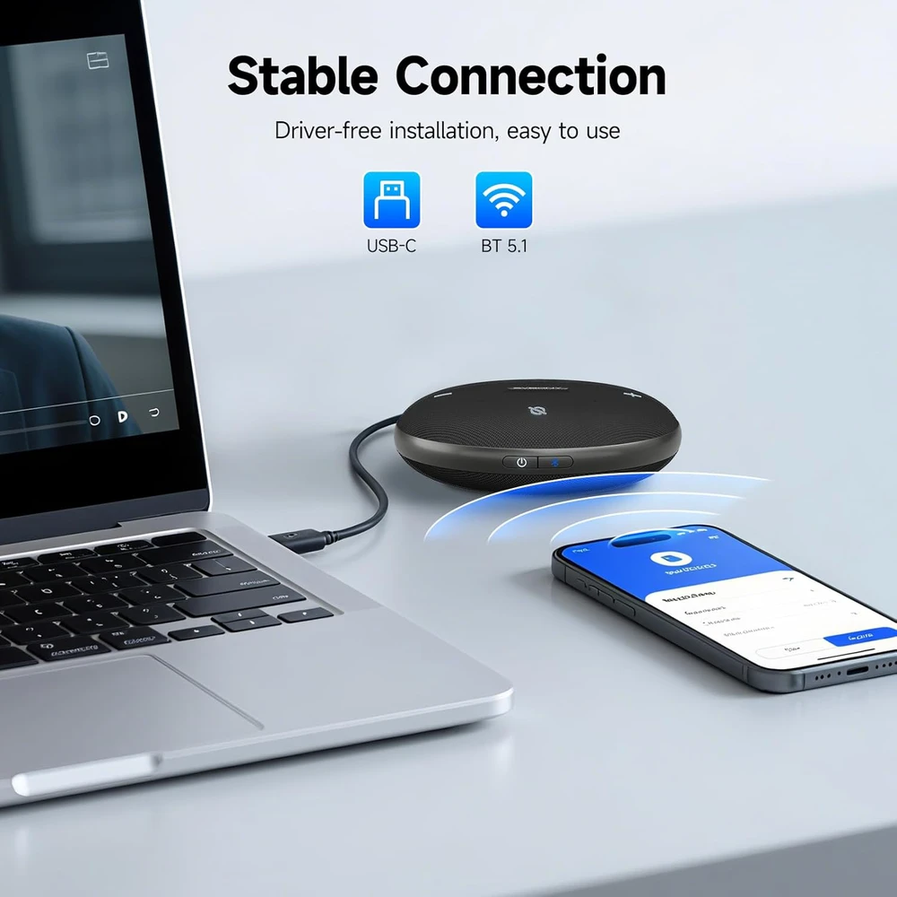 Svbony konferencijų garsiakalbis su Bluetooth, 4 mikrofonais, AI triukšmo slopinimu, SVHub Omni2