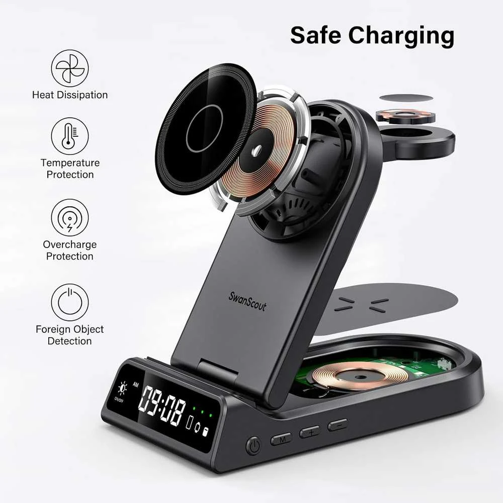 SwanScout 4‑in‑1 magnetinė belaidė MagSafe įkrovimo stotelė su laikrodžiu, 18 W, S10008