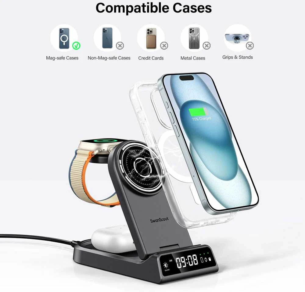 SwanScout 4‑in‑1 magnetinė belaidė MagSafe įkrovimo stotelė su laikrodžiu, 18 W, S10008