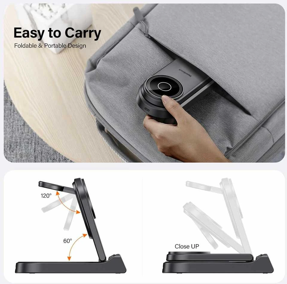 SwanScout 4‑in‑1 magnetinė belaidė MagSafe įkrovimo stotelė su laikrodžiu, 18 W, S10008
