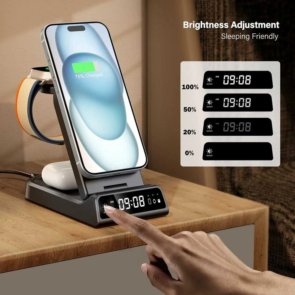 SwanScout 4‑in‑1 magnetinė belaidė MagSafe įkrovimo stotelė su laikrodžiu, 18 W, S10008