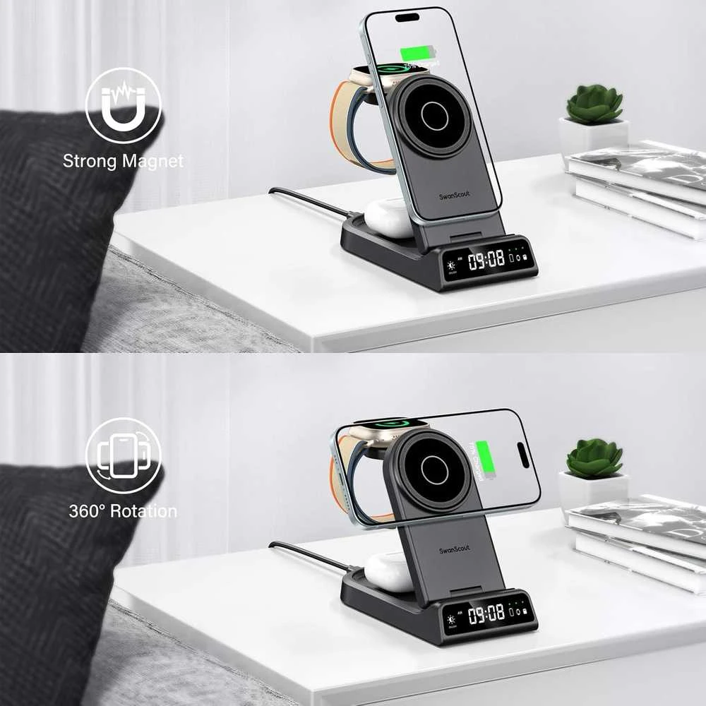 SwanScout 4‑in‑1 magnetinė belaidė MagSafe įkrovimo stotelė su laikrodžiu, 18 W, S10008