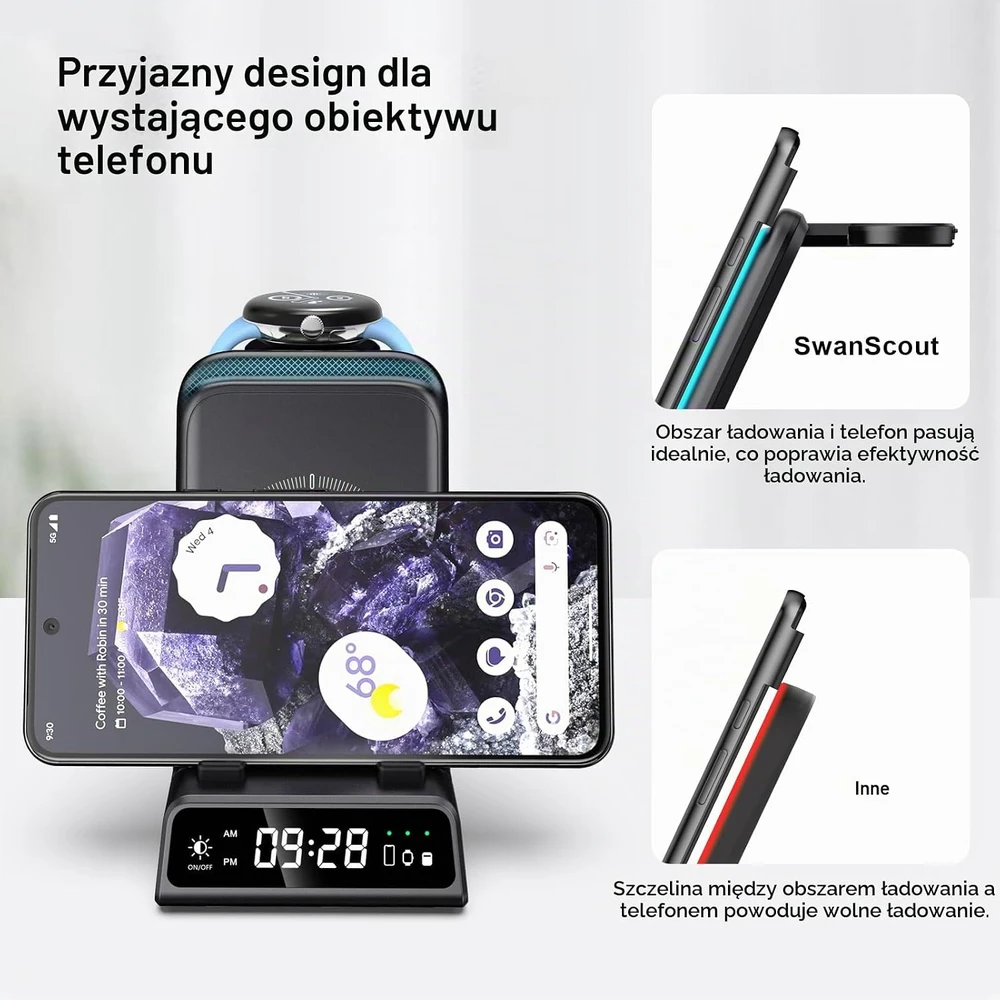SwanScout belaidė įkrovimo stotelė 3 viename Google Pixel Watch 3/2 ir Pixel telefonams 18 W S10010