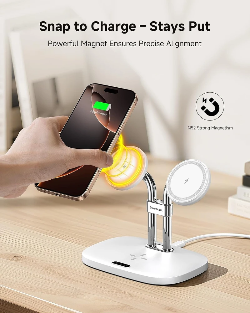 SwanScout belaidė magnetinė įkrovimo stotelė dviem iPhone ir AirPods, 10 W, 706M S10027
