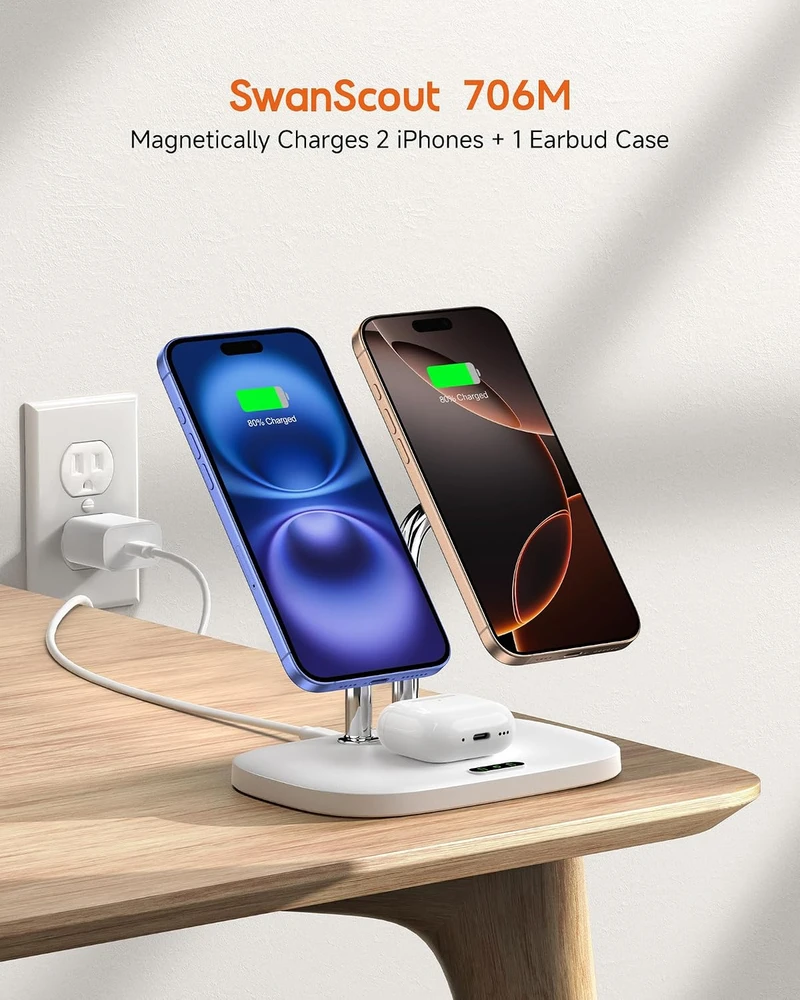 SwanScout belaidė magnetinė įkrovimo stotelė dviem iPhone ir AirPods, 10 W, 706M S10027