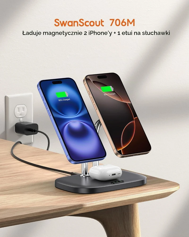 SwanScout belaidė magnetinė įkrovimo stotelė dviem iPhone ir AirPods, 10 W, 706M