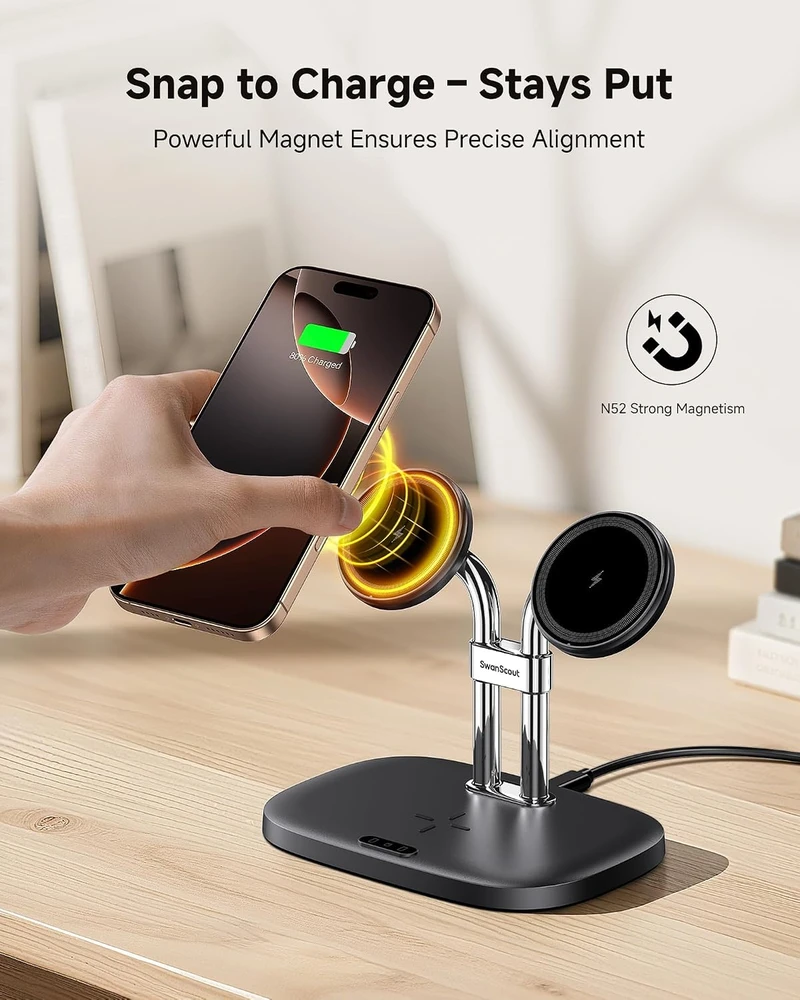 SwanScout belaidė magnetinė įkrovimo stotelė dviem iPhone ir AirPods, 10 W, 706M