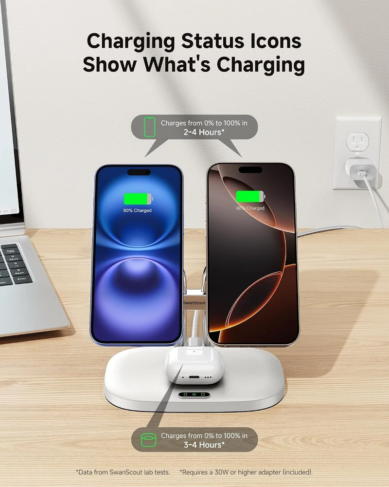 SwanScout belaidė magnetinė įkrovimo stotelė dviem iPhone ir AirPods, 10 W, 706M S10027
