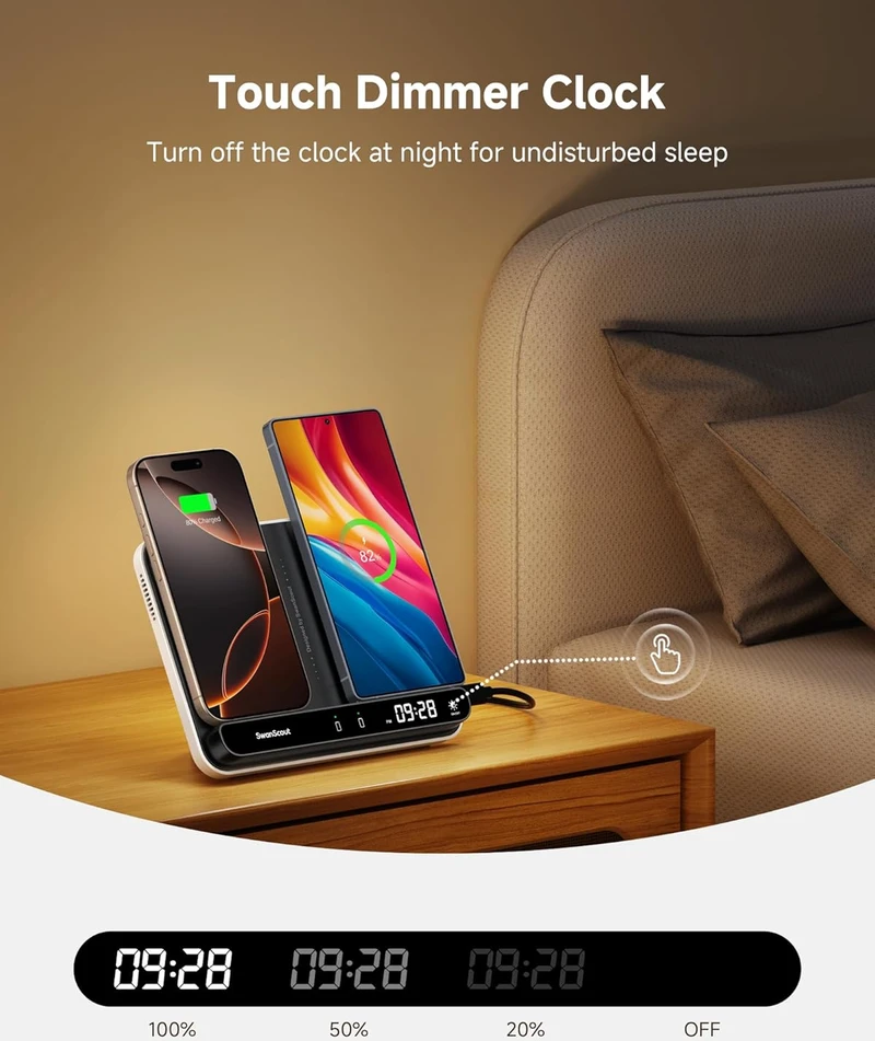 SwanScout belaidis įkroviklis-stovas dviem telefonams, 30 W, Qi, S10035