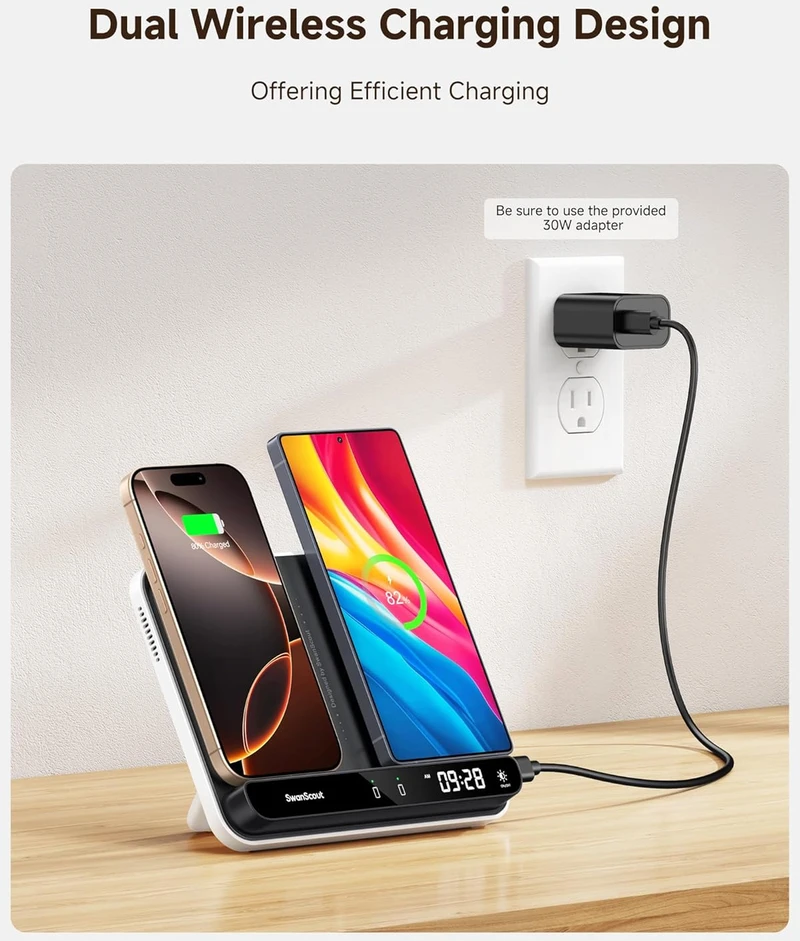 SwanScout belaidis įkroviklis-stovas dviem telefonams, 30 W, Qi, S10035