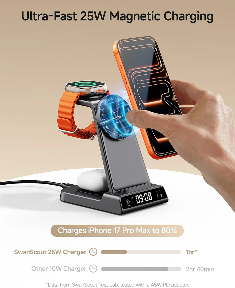 SwanScout magnetinė 3 viename belaidė įkrovimo stotelė 25 W, MagSafe, XF-C02