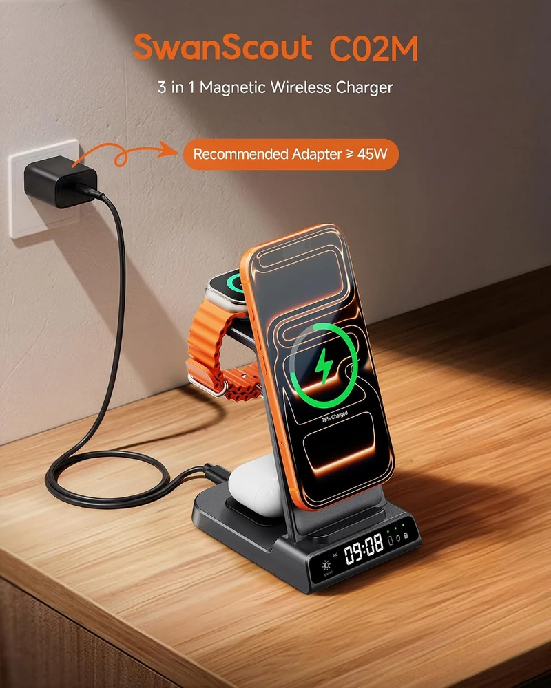 SwanScout magnetinė 3 viename belaidė įkrovimo stotelė 25 W, MagSafe, XF-C02