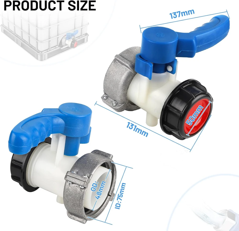 SWAWIS IBC konteinerio rutulinis vožtuvas DN50, aliuminis ir ABS, įvadas 75 mm, išvadas 50 mm