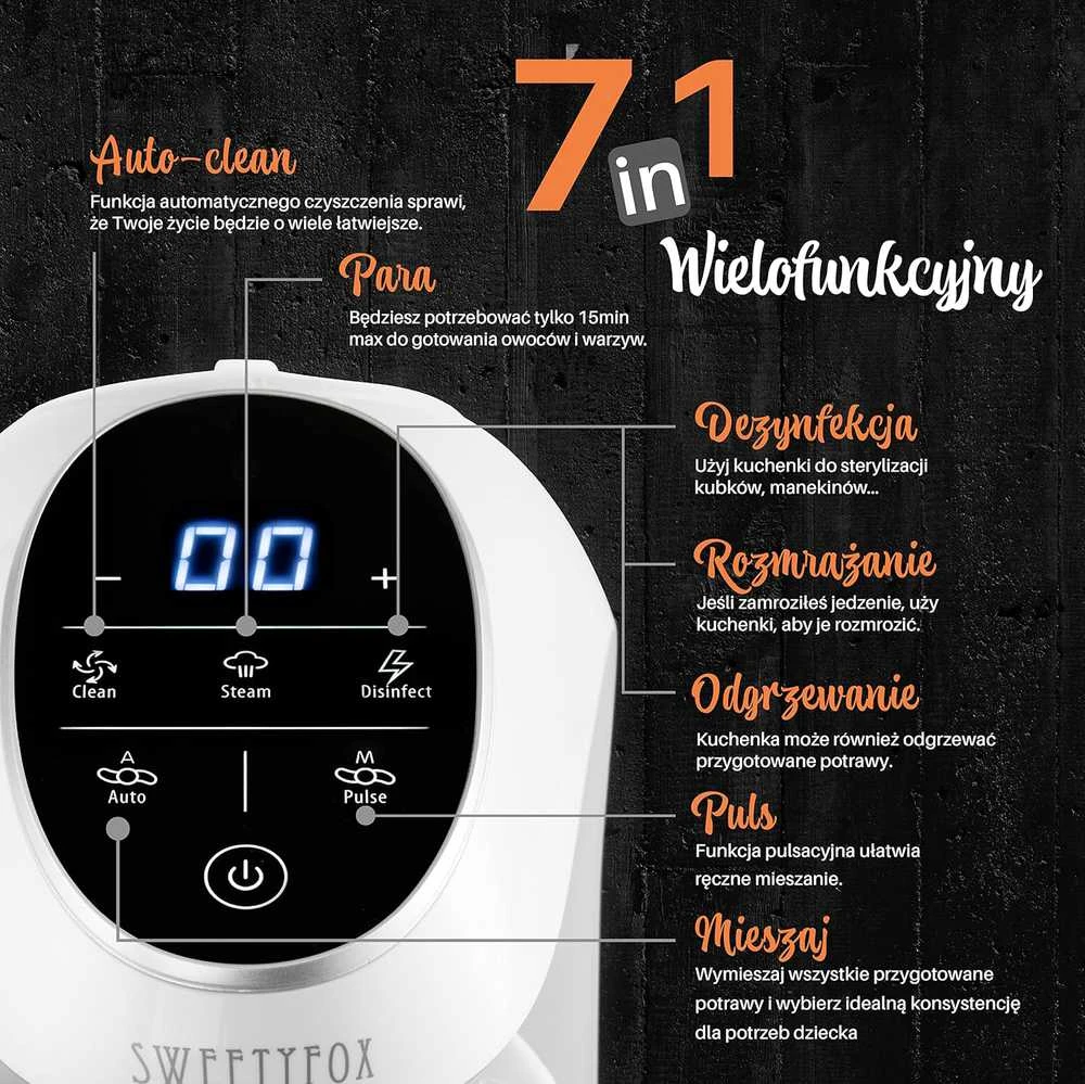 Sweety Fox daugiafunkcis kūdikių maisto gaminimo robotas 7in1 su garintuvu, maišytuvu, sterilizatoriumi, 300 W, SSD-yxerji-F2-0053