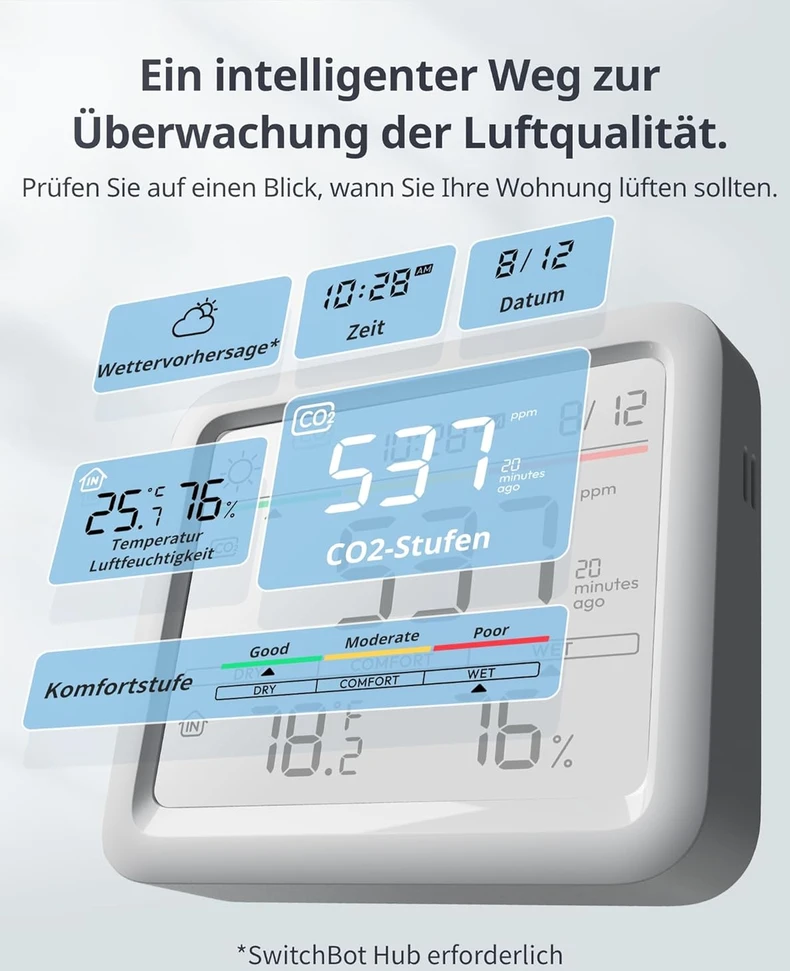 SwitchBot CO2 oro kokybės matuoklis su Bluetooth, termometru ir higrometru W4900011