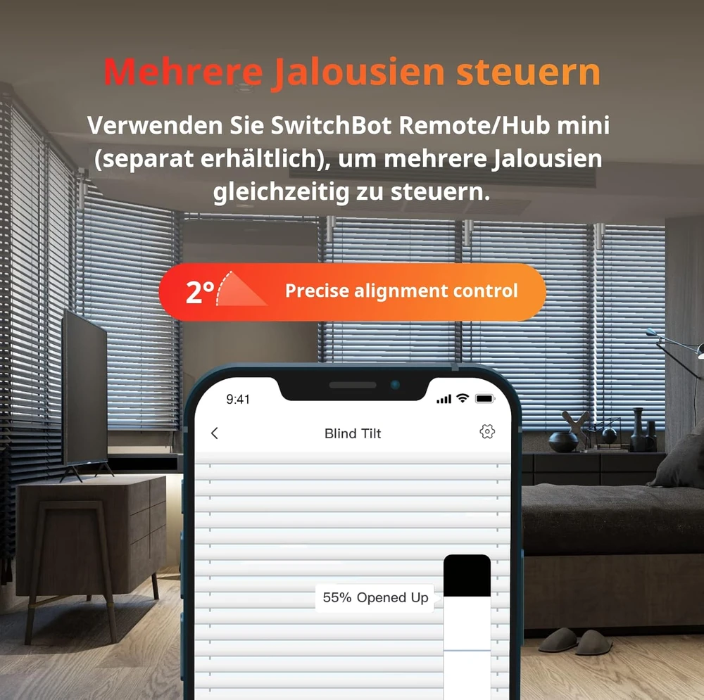 SwitchBot žaliuzių lamelių pakreipimo variklis su Bluetooth pulteliu ir saulės įkrovimu