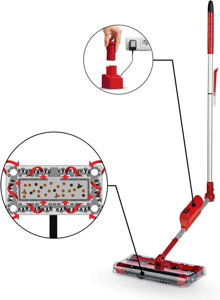 Swivel Sweeper akumuliatorinė grindų šluota be laidų, 360° sukamasis mechanizmas, lengva konstrukcija