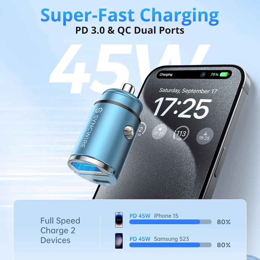 SYNCWIRE automobilinis USB-C ir USB-A įkroviklis 90 W su PD 3.0 ir QC 3.0 SW-XC996