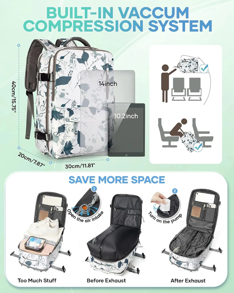 SZLX kelioninė kuprinė su vakuumine kompresija 40 x 25 x 20 cm ir USB jungtimi