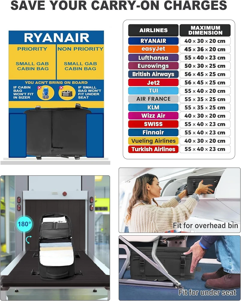 SZLX kelioninė rankinio bagažo kuprinė su USB, 40 × 20 × 25 cm, vandeniui atspari, 20 l, 3611 modelis