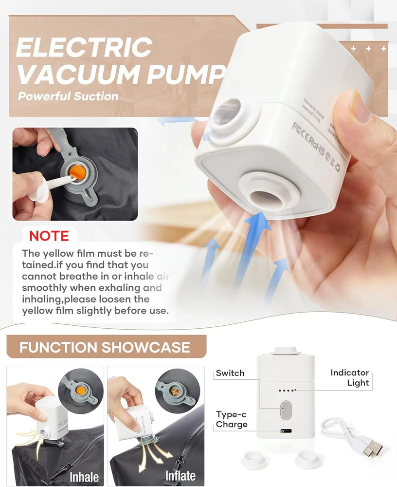 SZLX vakuuminė kelioninė kuprinė su vakuumine kompresija, pompa ir USB įkrovimu, 20 × 33 × 47 cm
