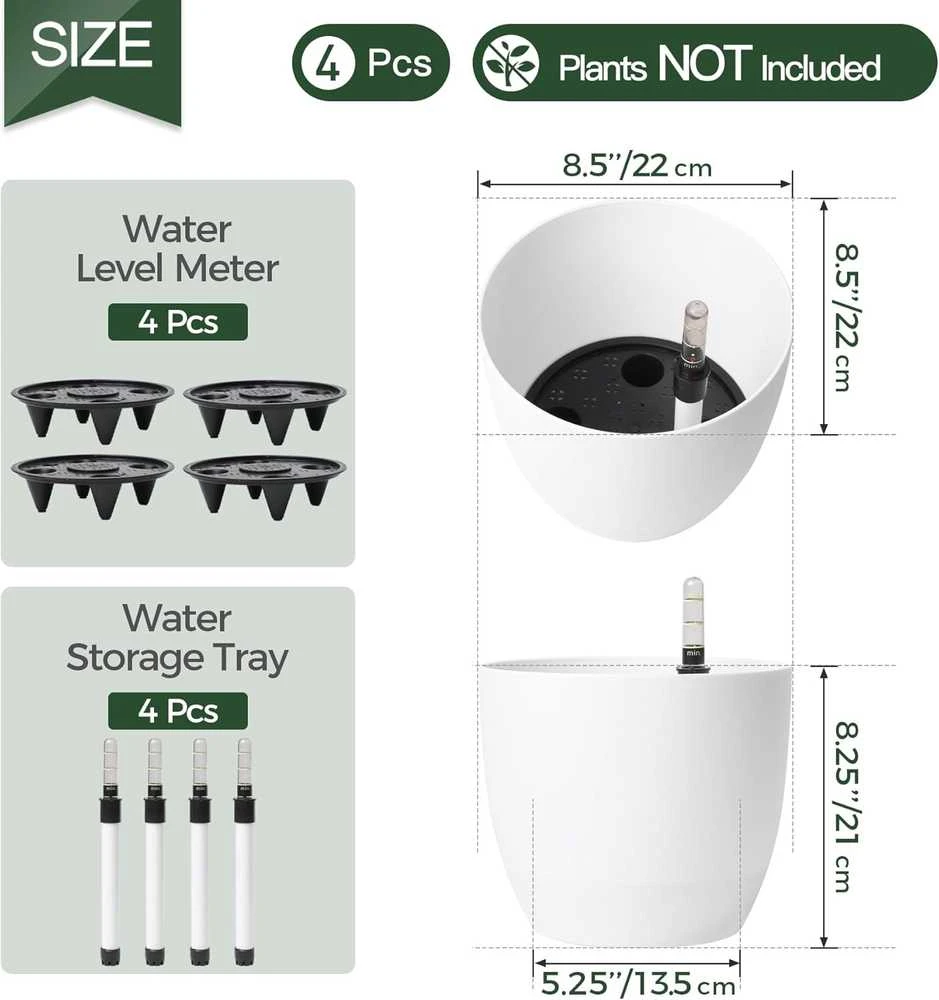 T4U dekoratyvinių plastikinių apvalių vazonų rinkinys su savilaistymo sistema ir vandens lygio indikatoriumi, 22 cm, 4 vnt., PG1312-M