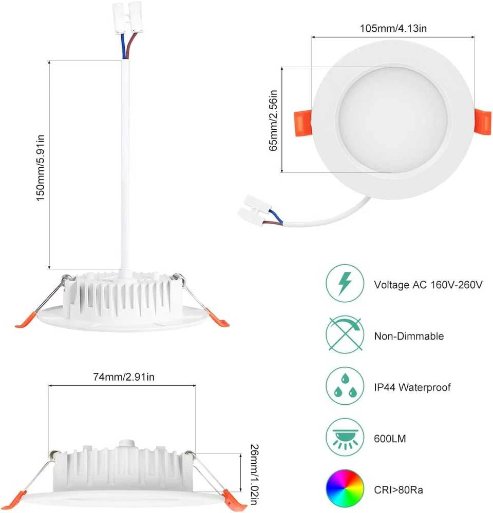 Tailcas įleidžiamų LED šviestuvų rinkinys, 6 W, 4500 K, 600 lm, apvalūs, 6 vnt., ultra ploni, 85–95 mm