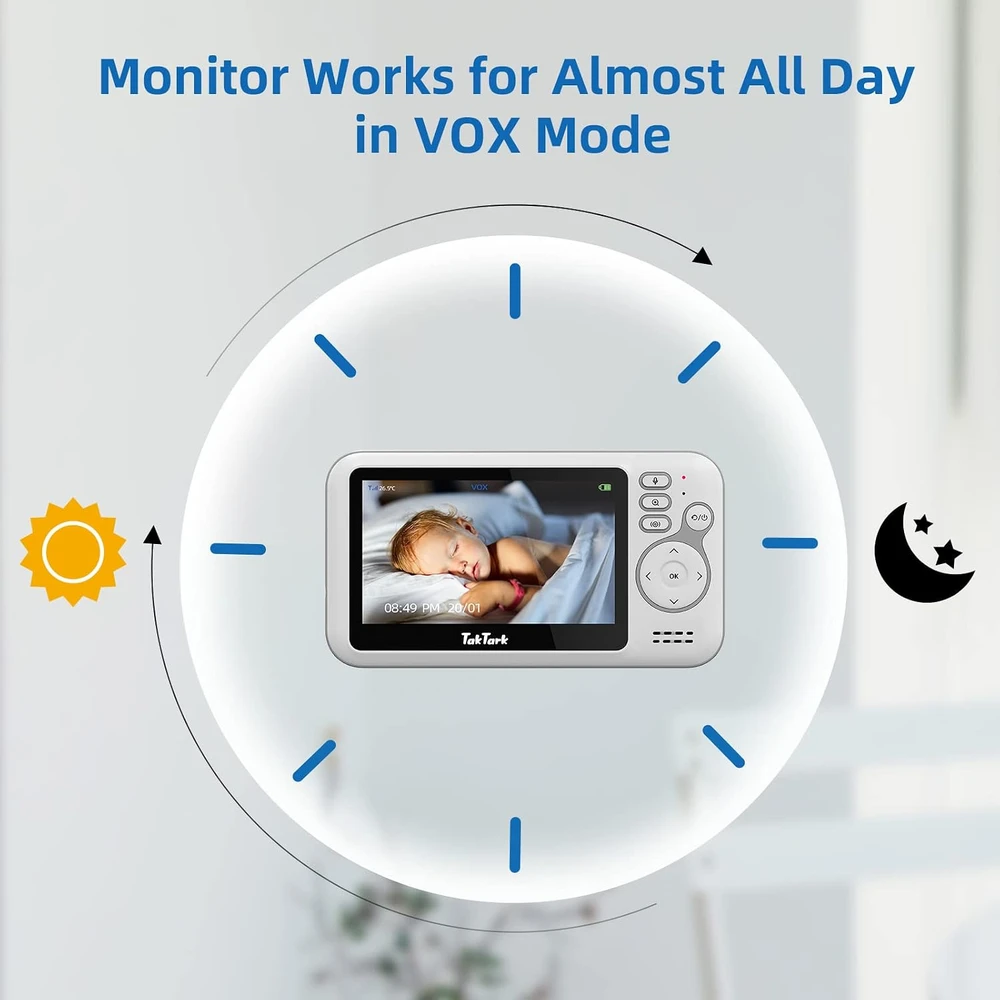 TakTark vaizdo auklė su 4,3 col. ekranu, 300° pasukama kamera ir VOX funkcija BM812-EU
