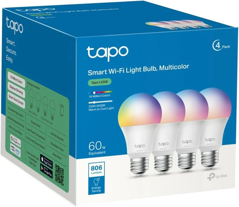 TP-Link Tapo išmaniosios LED lemputės E27 Wi-Fi, 4 vnt., 806 lm, reguliuojamų spalvų, L530E