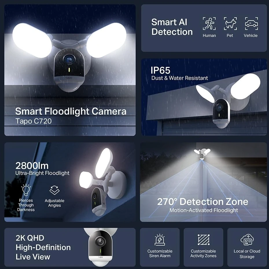 TP-LINK | „Smart Floodlight“ apsaugos kamera | Tapo C720 | 4 MP | 2,1 mm/ F2,1 | IP65 | H.264 | Micro SD, maks. 512 GB
