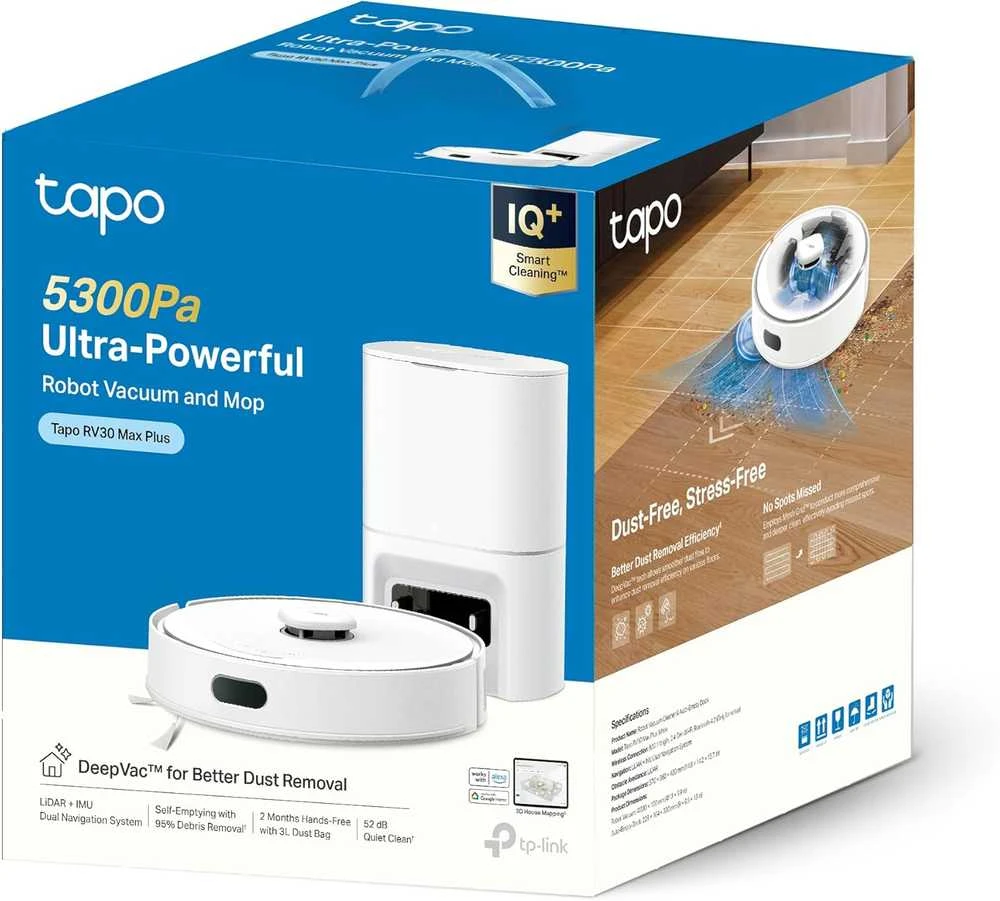 TP-LINK „Hyper Suction Robot“ dulkių siurblys ir šluostė | Tapo RV30 Max Plus | Wet&Dry | 2600 mAh | Dulkių talpa 3 L | 5300 Pa | Juodas