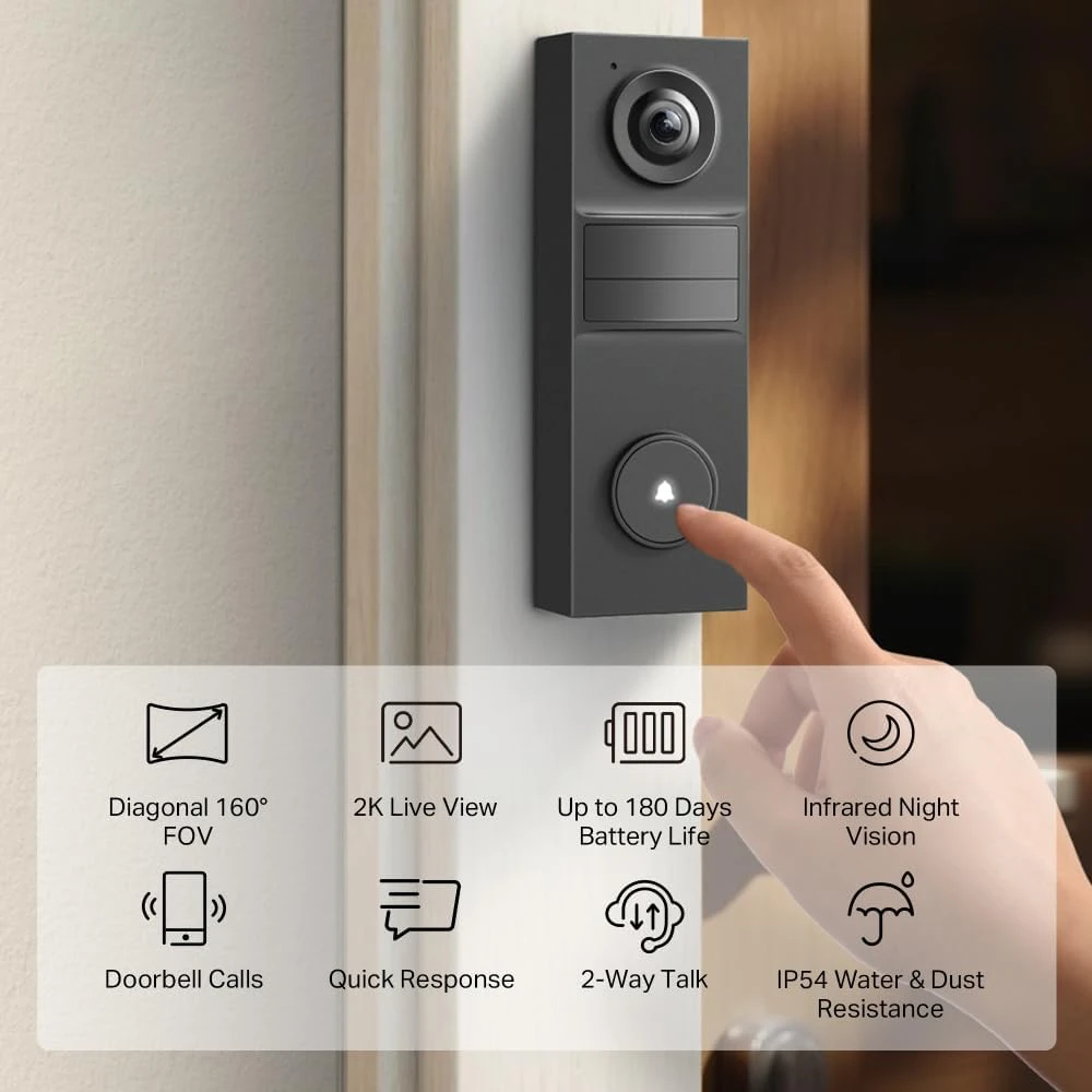 Tapo vaizdo domofonas 2K 3 MP su AI veido aptikimu, Wi-Fi, IP54, USB-C ir 5200 mAh baterija, Tapo D205