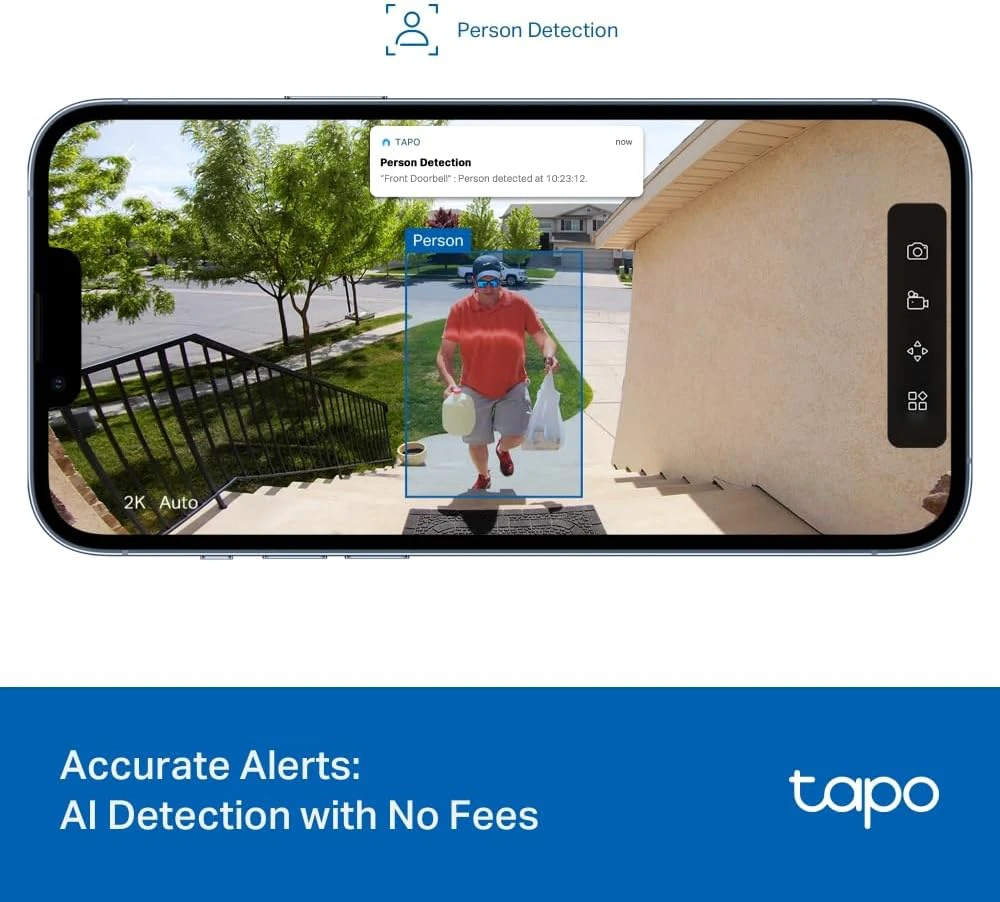 Tapo vaizdo domofonas 2K 3 MP su AI veido aptikimu, Wi-Fi, IP54, USB-C ir 5200 mAh baterija, Tapo D205