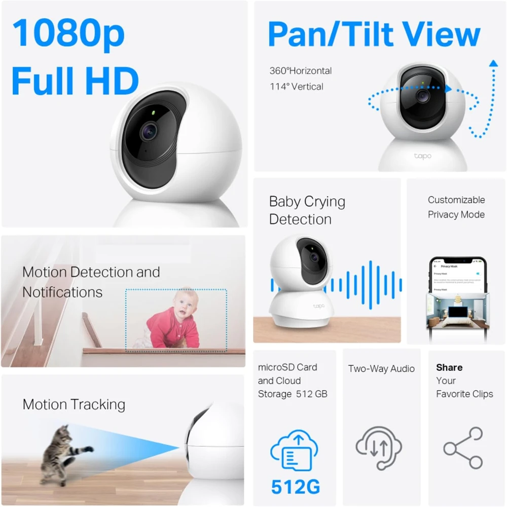 Tapo vidaus stebėjimo kamera su pasukimo ir pakėlimo funkcija, Wi-Fi, 1080p, naktiniu matymu, judesio aptikimu, Tapo C200P2 (2 vnt. rinkinys)
