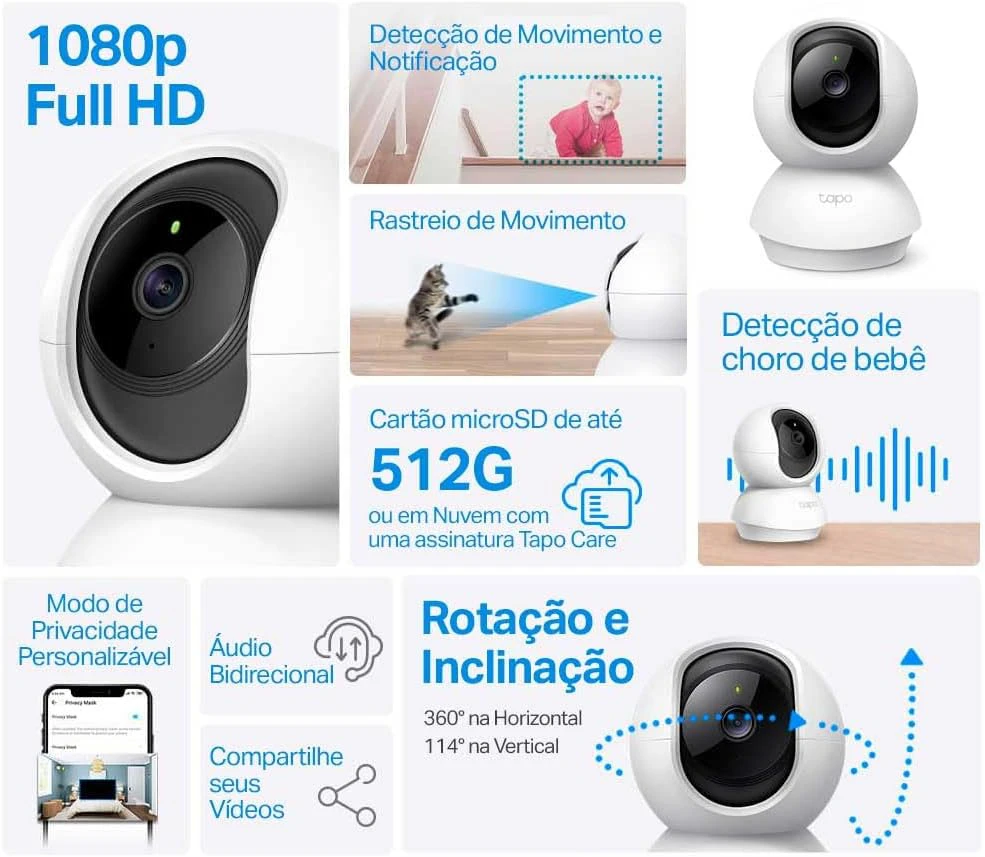 TP-LINK Pan/Tilt namų apsaugos WiFi kamera su dienos/nakties vaizdu, 1080p FHD, Micro SD kortelių talpa iki 128 GB, H.264 vaizdo įrašas, 360/114 žiūrėjimo kampas.